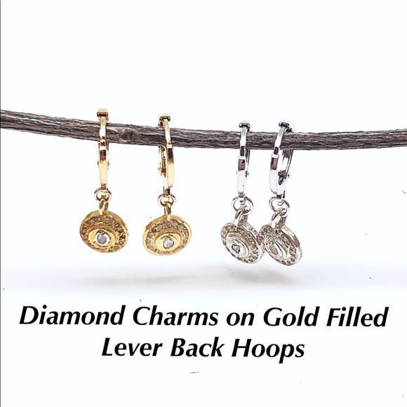 Diamond Disc Dangle Lever Back Hoops Earrings Gold Vermeil & Sterling Silver NWT - Picture 2 of 8